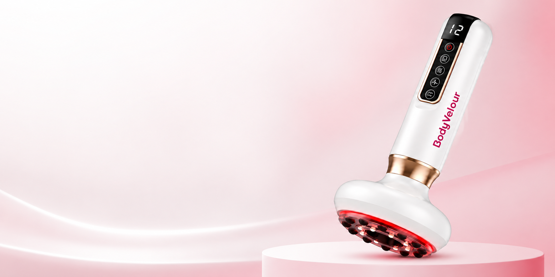 White handheld device with red light on a pink background